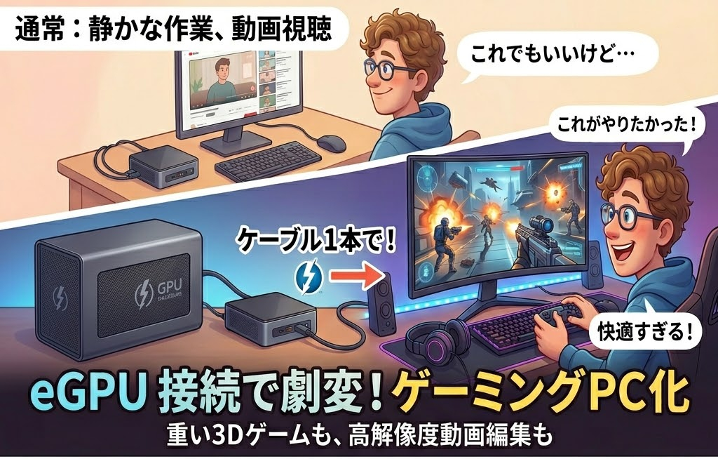 若い男性がeGPUを接続し、通常のPCからゲーミングPC化。上部は動画視聴、下部は迫力あるゲーム画面。喜びの表情。