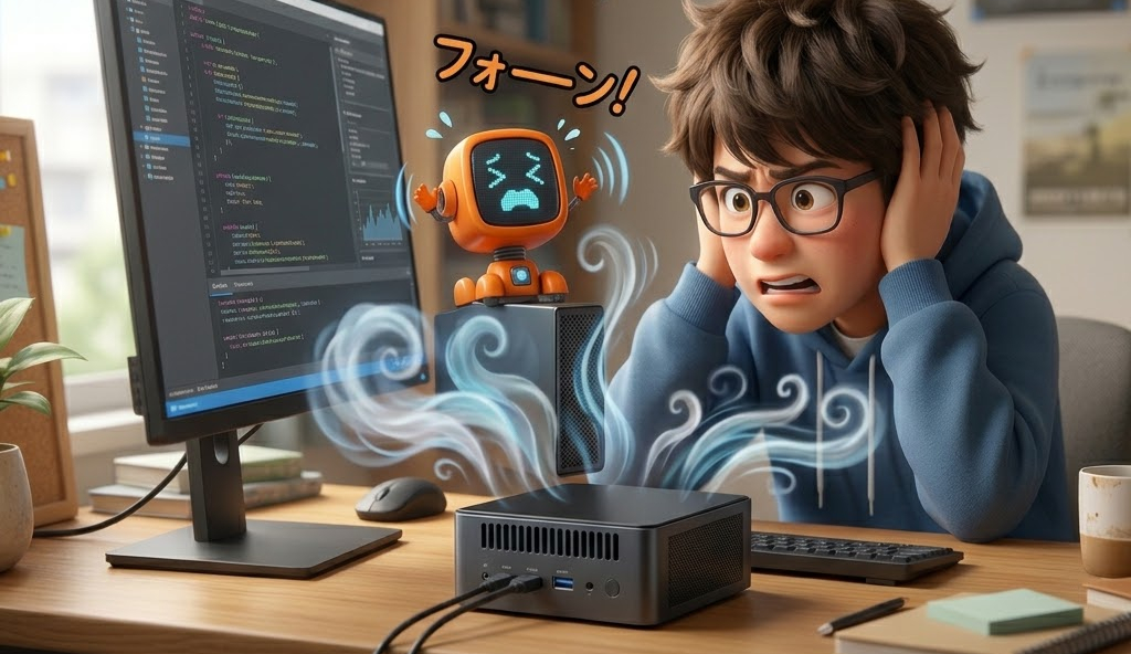 机の上で煙を出すコンピュータに驚く男性と、泣いているロボット。画面にはプログラムコード。日本語で「フォーン!」。