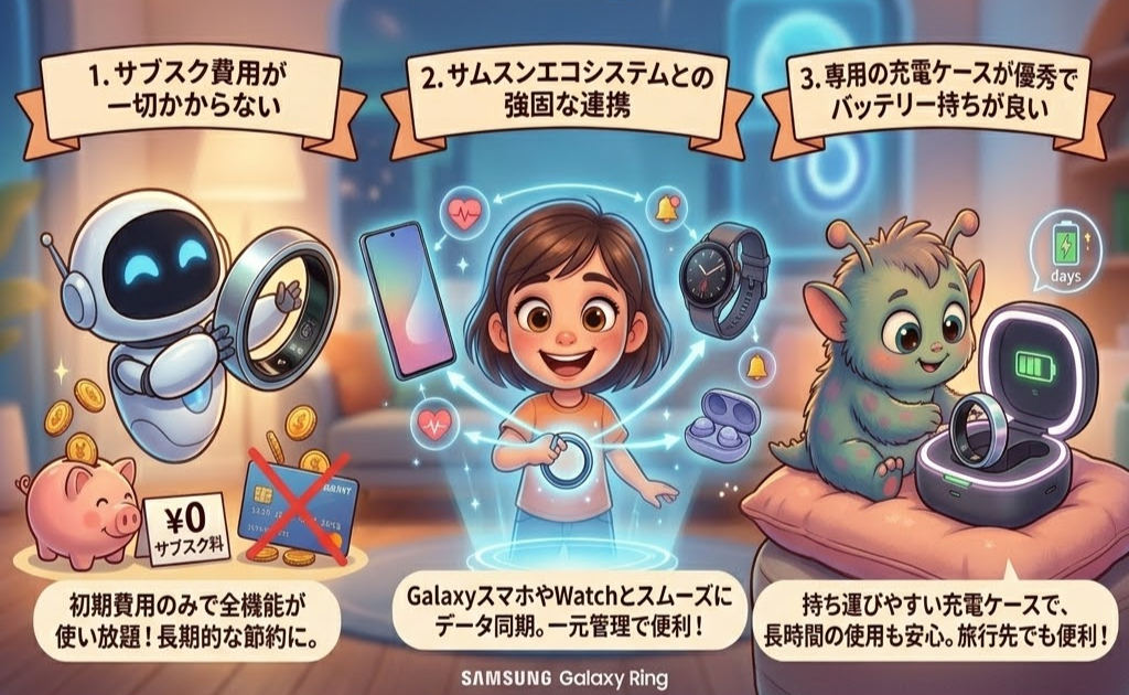 ロボットがリングを持ち、少女がスマートフォンと笑顔で繋がる。緑のキャラクターは充電ケースを見る。ポスターには日本語の説明文がある。