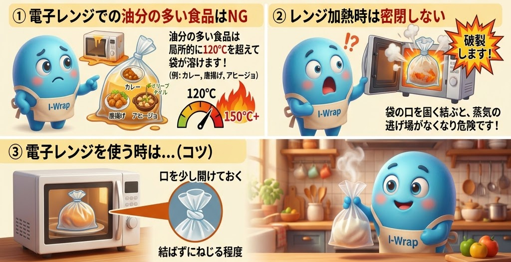 青いキャラクターが「I-Wrap」エプロンを着用し、電子レンジの使用方法を示す。袋を少し開けて蒸気を逃がすことを推奨。背景はキッチン。