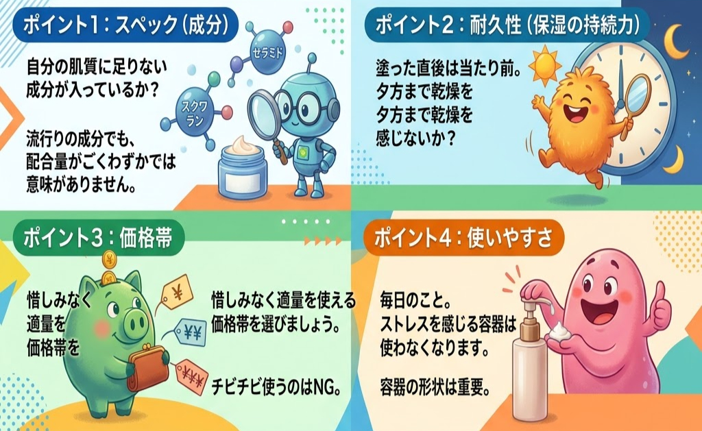 4つのポイントに関するイラスト。ロボットが成分を調べ、キャラクターが持続力を示し、豚が価格帯を解説、笑顔のキャラが容器を使用。