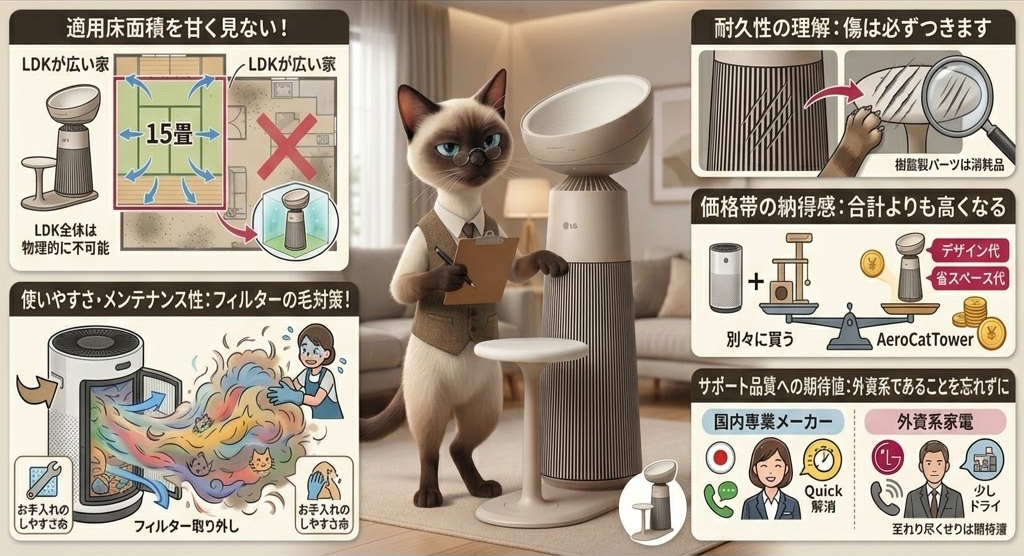 メガネをかけた猫が空気清浄機と一緒にいます。多数の説明書き、図解、グラフが背景に描かれ、効果や使い方を説明しています。
