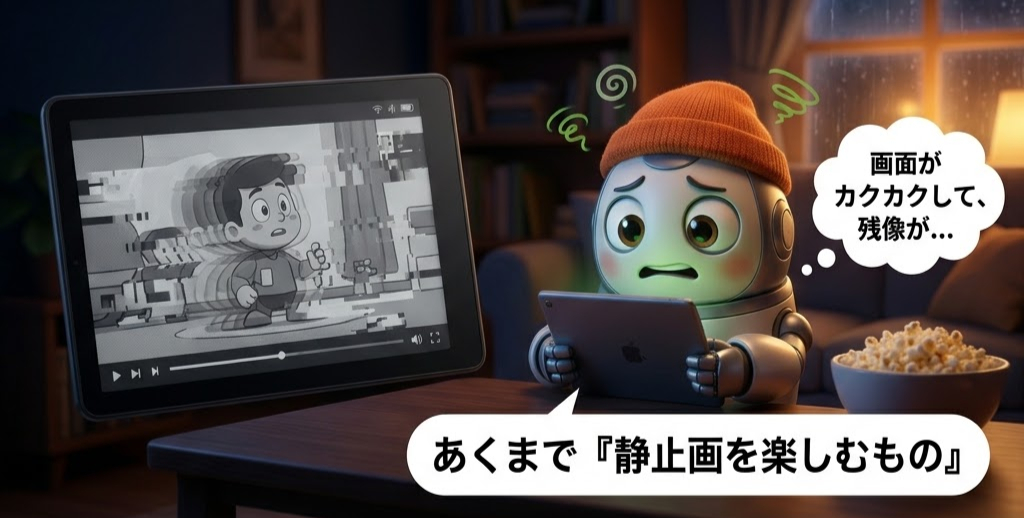 オレンジの帽子をかぶったロボットがタブレットを持ち、動画が止まると混乱。隣にはポップコーン。画面に日本語のセリフ。