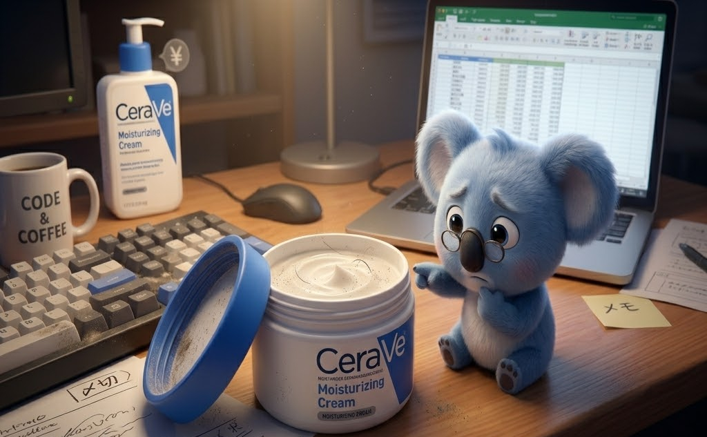 青いコアラが木製デスクでCeraVeクリームを見つめています。背後にノートパソコンとキーボード、マグカップに「CODE & COFFEE」の文字。