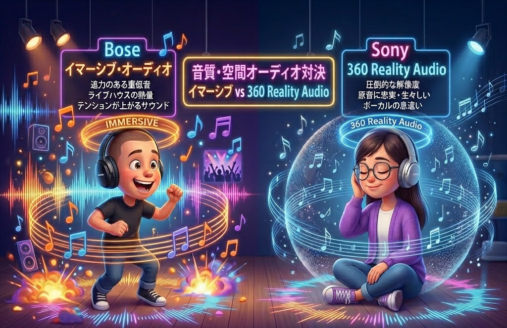 音楽を聴く子供たち。左は微笑み、Boseのヘッドフォンを着用。右は目を閉じてSonyのヘッドフォンを楽しむ光景。音符が舞う。