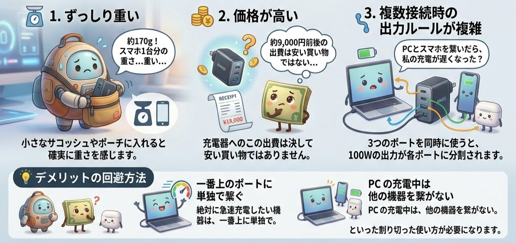 充電器のデメリットを説明するイラスト。重さ、価格、接続時の出力問題が描かれている。擬人化されたキャラクターが登場。