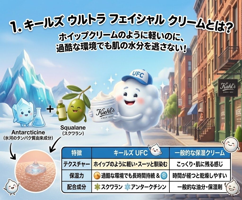 キールズのキャラクターがクリームを持ち、背景は街並み。左に氷山とオリーブのイラスト。製品の特長を示す日本語テキスト。