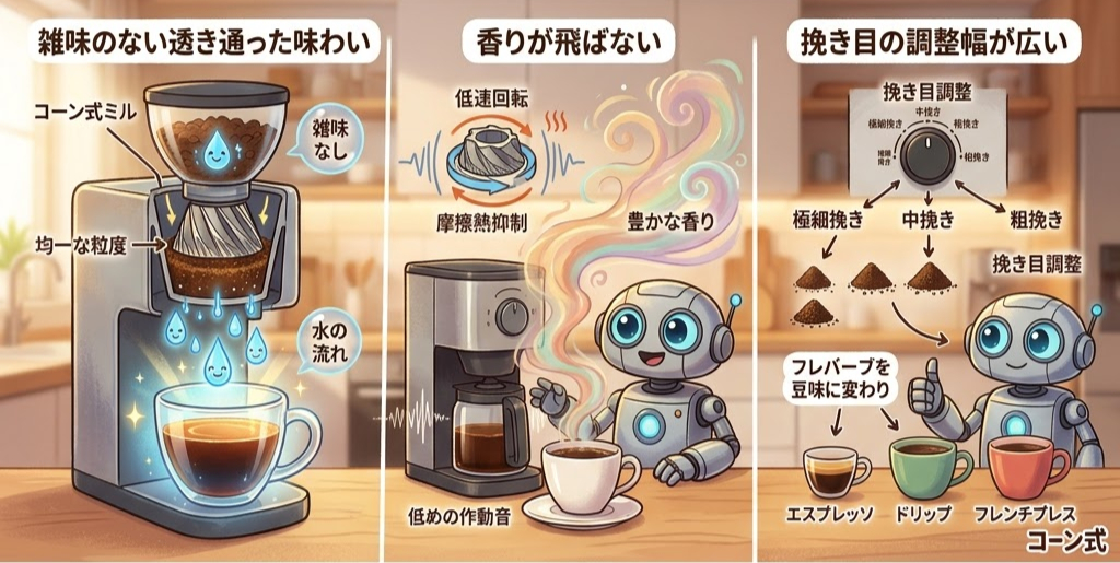 コーヒーグラインダーとロボットが3パネルで説明。左は透明感のある味、中は香り、右は挽き目調整。カップが並ぶ。テキスト多数。