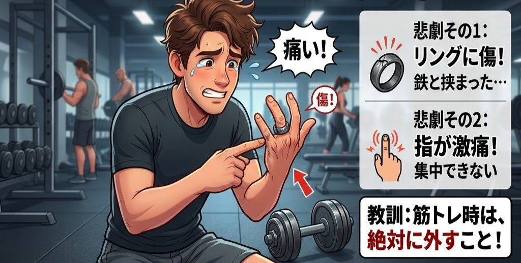 ジムで運動中の男性が指輪で指をけがし痛がる。背景にトレーニングしている人々。注意書きに筋トレ時は指輪を外すこと。