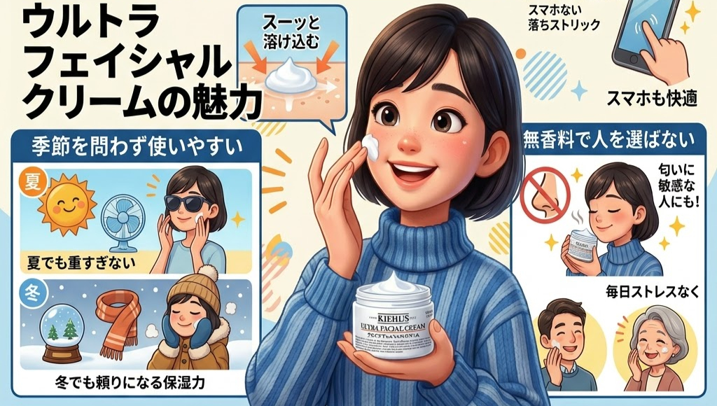 女性がウルトラフェイシャルクリームを手に取り、微笑みながら頬に塗る。季節に関係なく使用可能で無香料。スマホにも快適。
