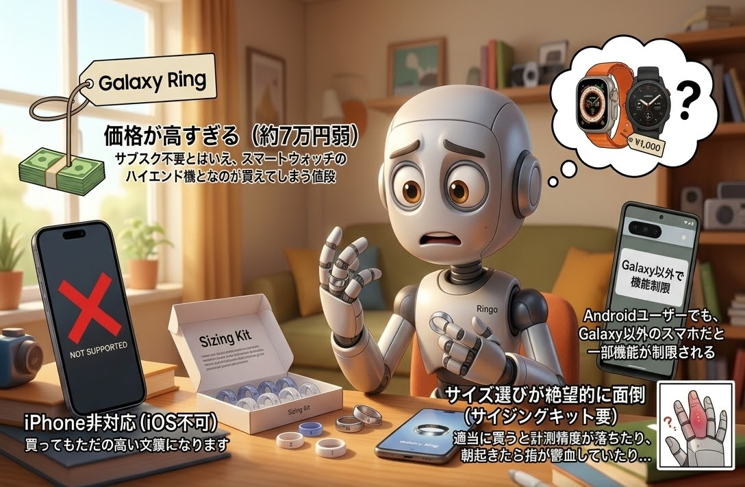ロボットがシンキングバブルでスマートウォッチを見て驚き、横にサイズキットとスマホ。日本語テキストで価格と制限を説明。