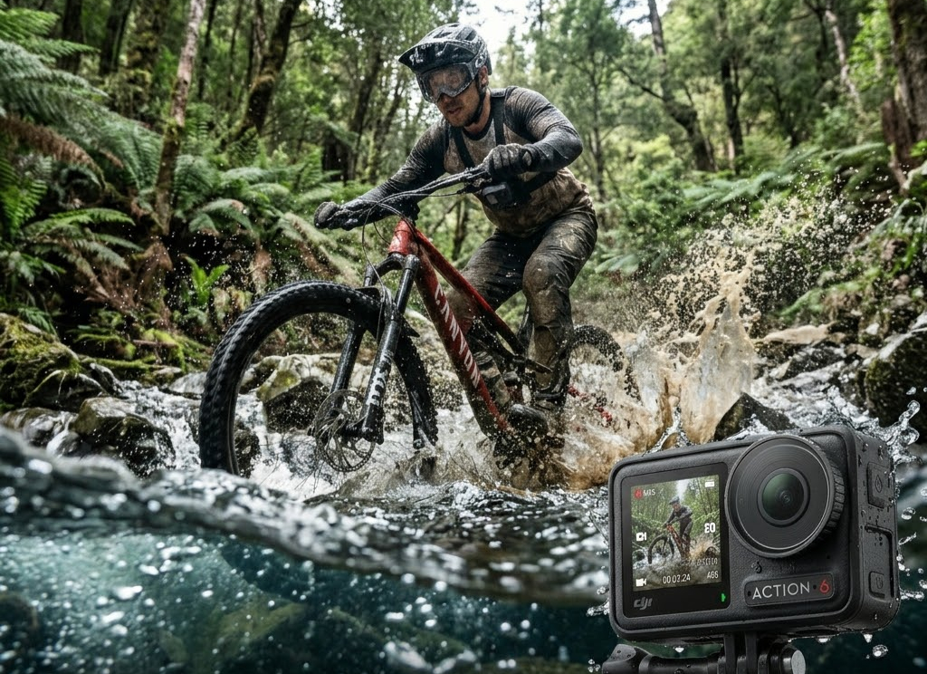 泥だらけのサイクリストが森の小川を赤い自転車で爽快に疾走。水しぶきが上がる様子が迫力満点。前景にアクションカメラ。