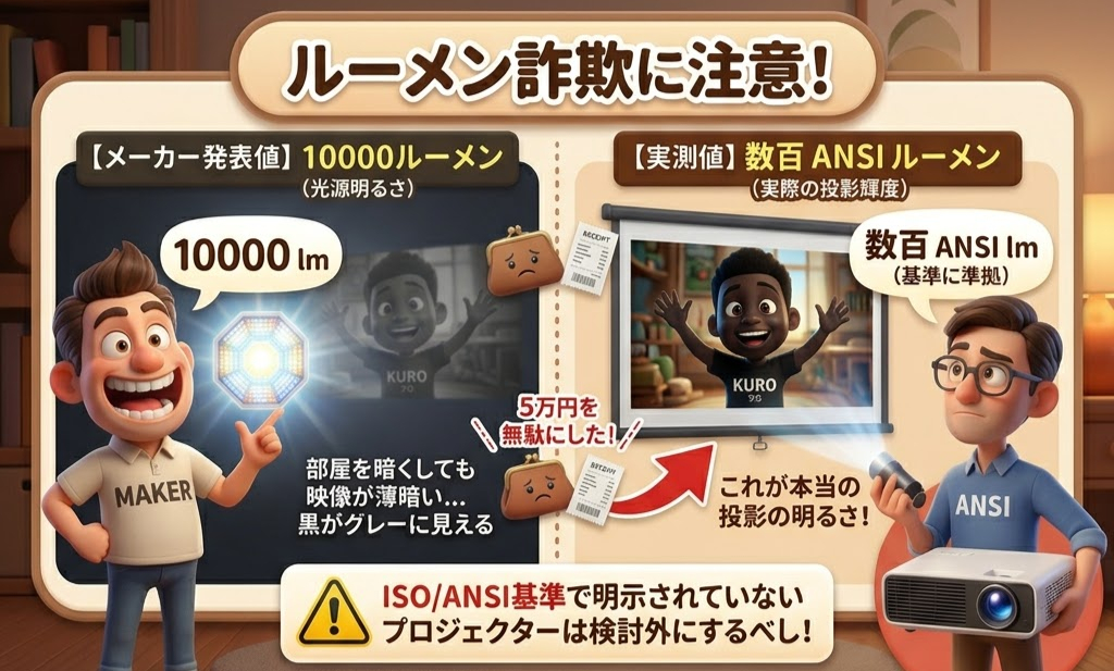 ルーメン詐欺に注意との警告。2人の男性キャラクターがプロジェクターの明るさを比較。左は「MAKER」、右は「ANSI」と書かれた服。