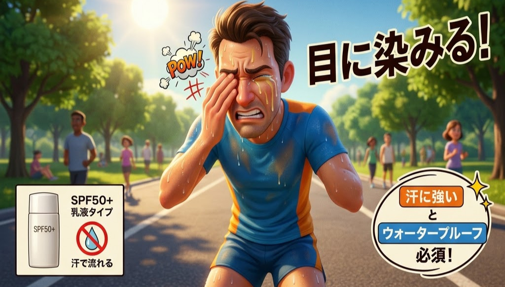 ランナーが汗で目を擦っている表情。背景に公園とジョギング中の人々。左下に「SPF50+ 乳液タイプ」説明。右上の大文字「目に染みる!」。