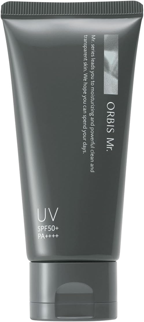 グレーのチューブ型日焼け止め、正面に「ORBIS Mr.」の文字。SPF50+ PA++++と表示。シンプルなデザインと落ち着いた雰囲気。