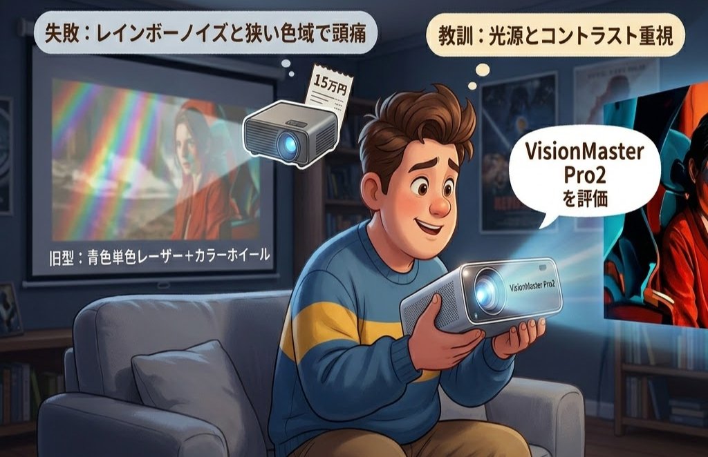 部屋でプロジェクターを持ち、微笑む男性。壁に映写されたレインボーノイズと女性の映像。テキスト「VisionMaster Pro2を評価」。
