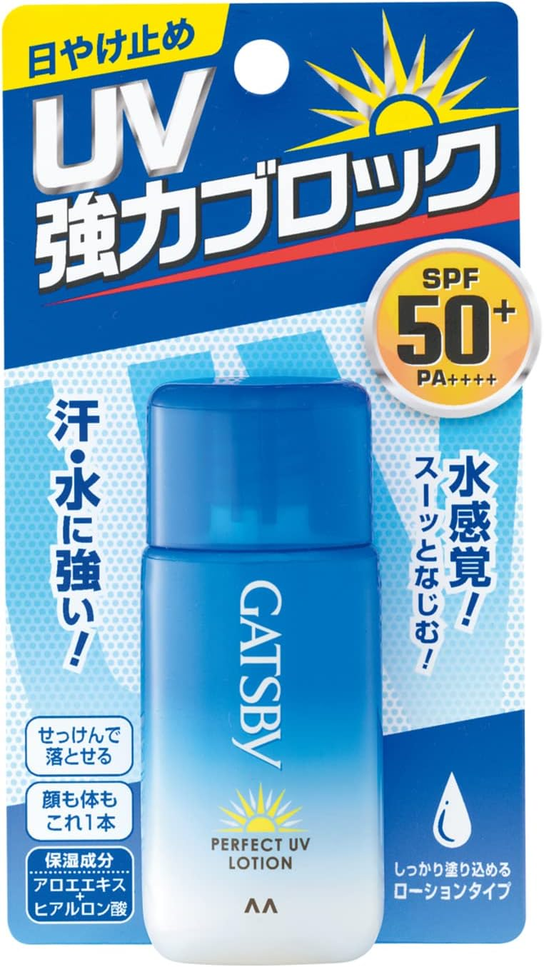 青いボトルのUV日焼け止め「GATSBY」。背景に太陽マークと「SPF 50+ PA++++」の文字。汗・水に強い、水感覚と書かれています。