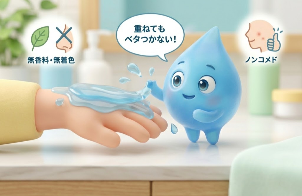 青色のしずくキャラが手にジェルを乗せる。背景に化粧品が見える。テキスト「重ねてもベタつかない!」や「無香料・無着色」。