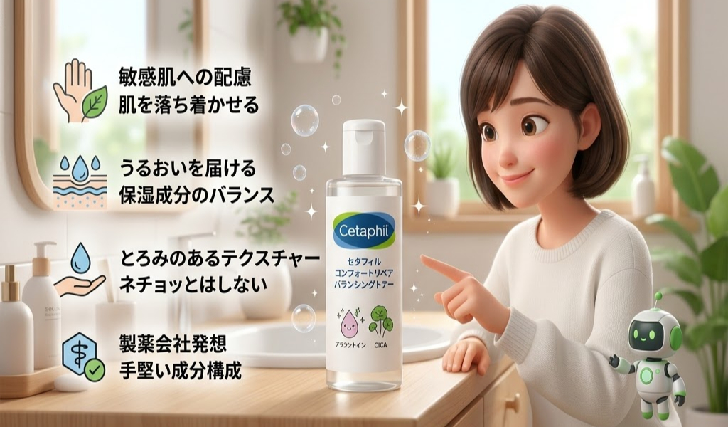アニメ風の女性が化粧品ボトルを指差し、バスルームで微笑んでいる。周囲に保湿効果を示すテキストとロボットがいる。