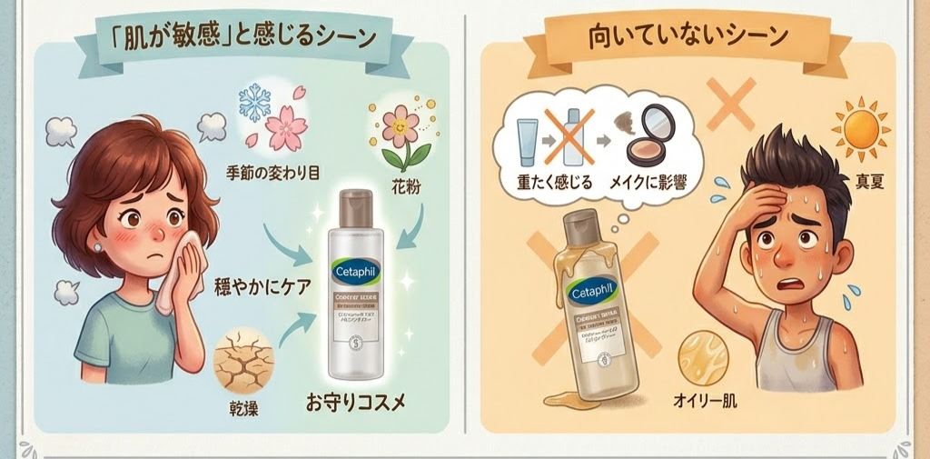左側に敏感肌の女性が肌を気にしており、季節の変わり目や花粉が描かれている。右側には汗をかく男性が暑さを感じている。敏感肌にはセタフィル製品が推奨されている。