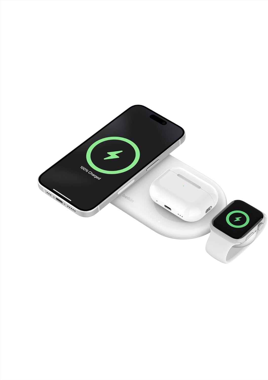 スマートフォン、イヤホンケース、スマートウォッチが白いワイヤレス充電器で充電中。画面に「100% Charged」の表示。