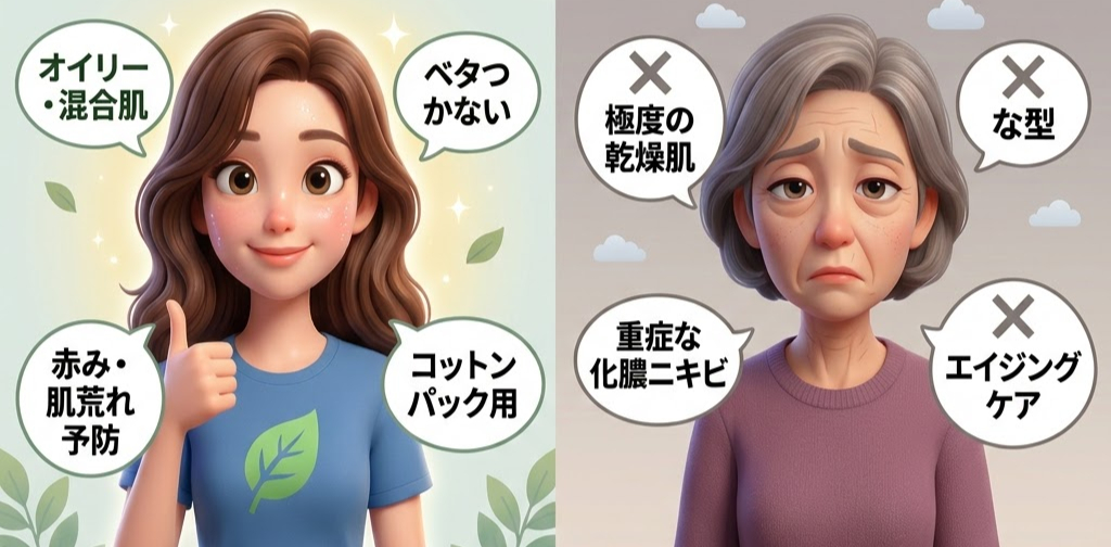 左側の女性は青いシャツで親指を立てて微笑んでおり、「オイリー・混合肌」と表示。右の女性は紫のシャツで不満そうな表情。